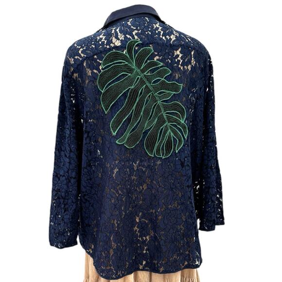 Martha Medeiros Handlace Navy Blue Lace Raglan Buttoned Blouse One Size - Picture 1 of 9